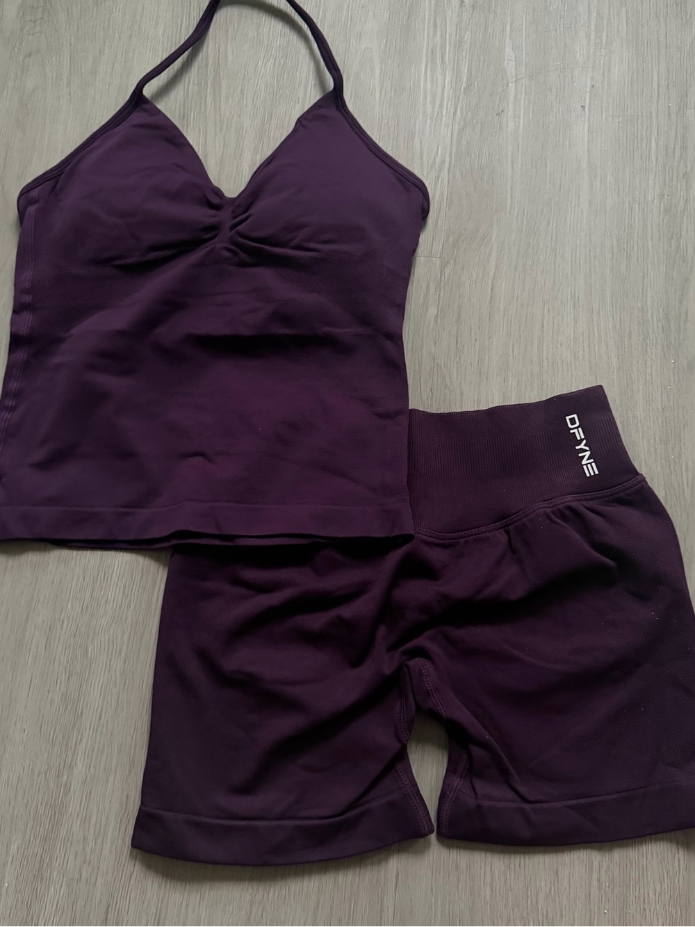 DFyne purple impact sports bra and shorts set